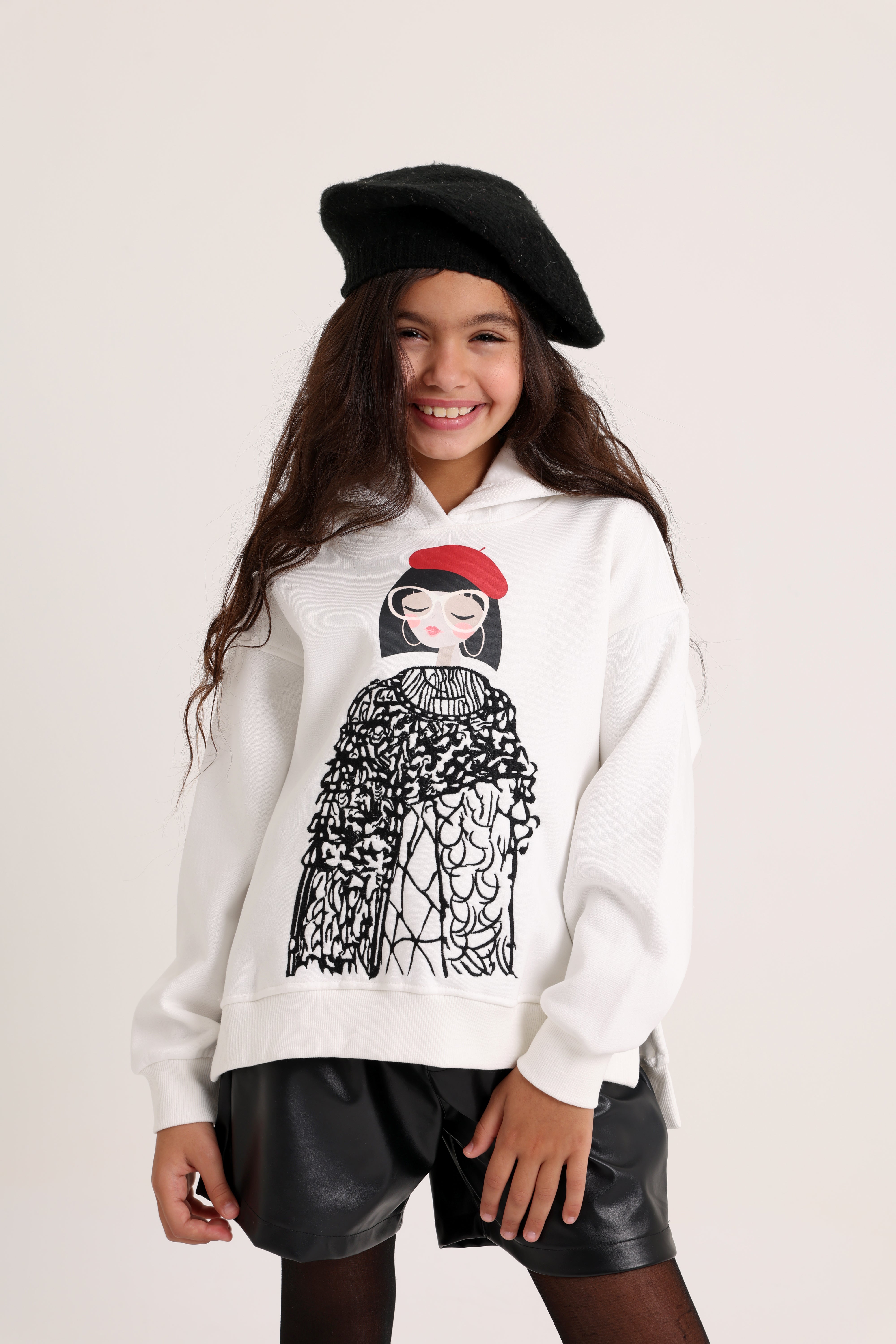 Red Beret Girl White Sweatshirt