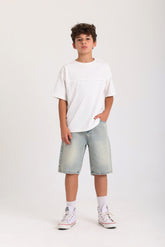 Knee-length Denim Shorts - Beige
