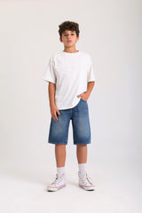 Knee-length Denim Shorts - Dark Blue