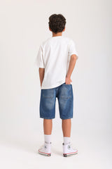 Knee-length Denim Shorts - Dark Blue