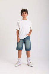 Knee-length Denim Shorts -Dark Green