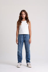 بنطلون بناتي جينز غامق ممزق عند الركبة