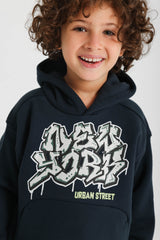 Graffiti Print Hoodie- Dark Blue