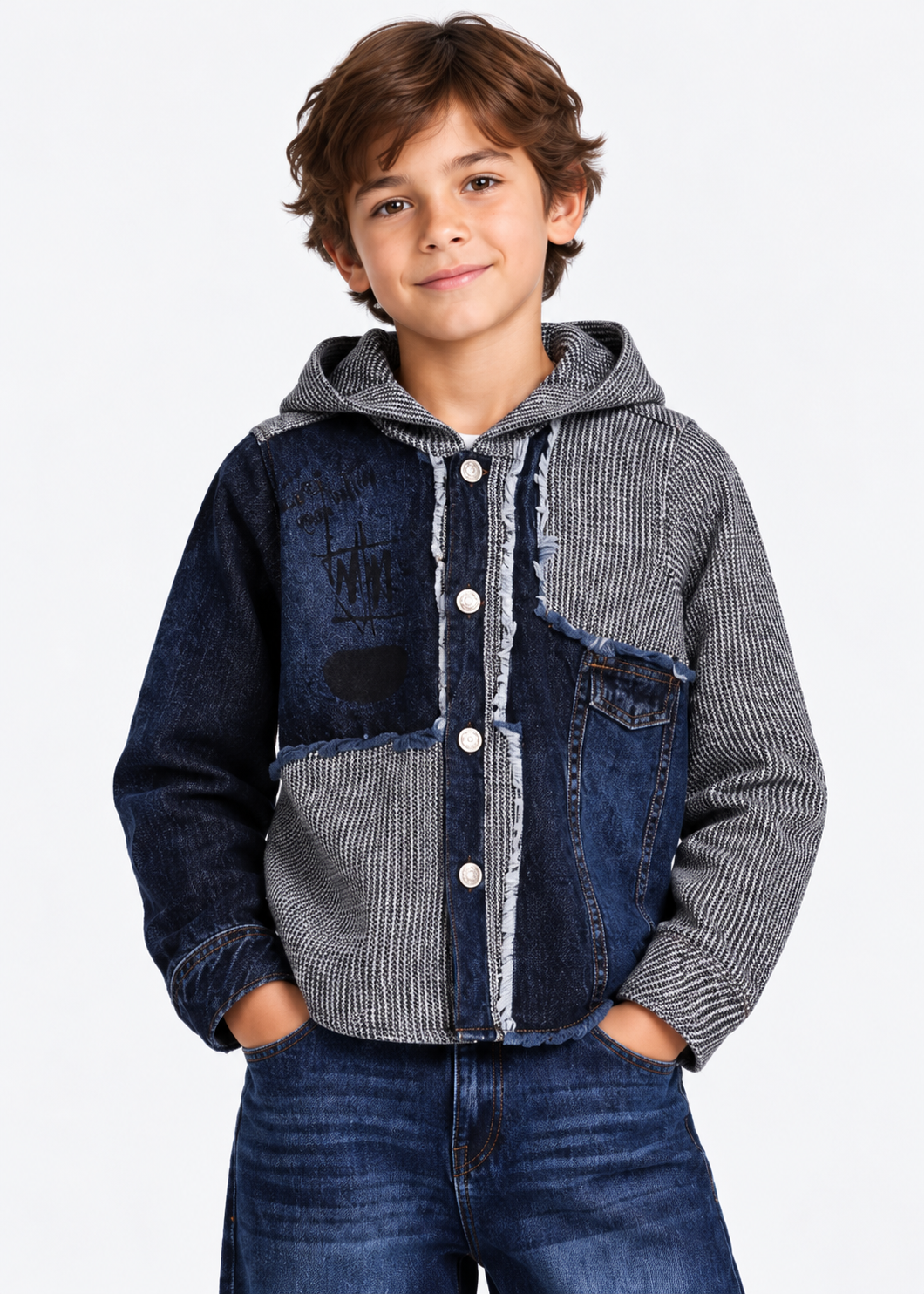 Cozy Knit & Denim Jacket - Dark Blue