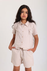 Bow Frill Woven Set - Beige