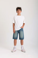 Knee-length Denim Shorts -Dark Green