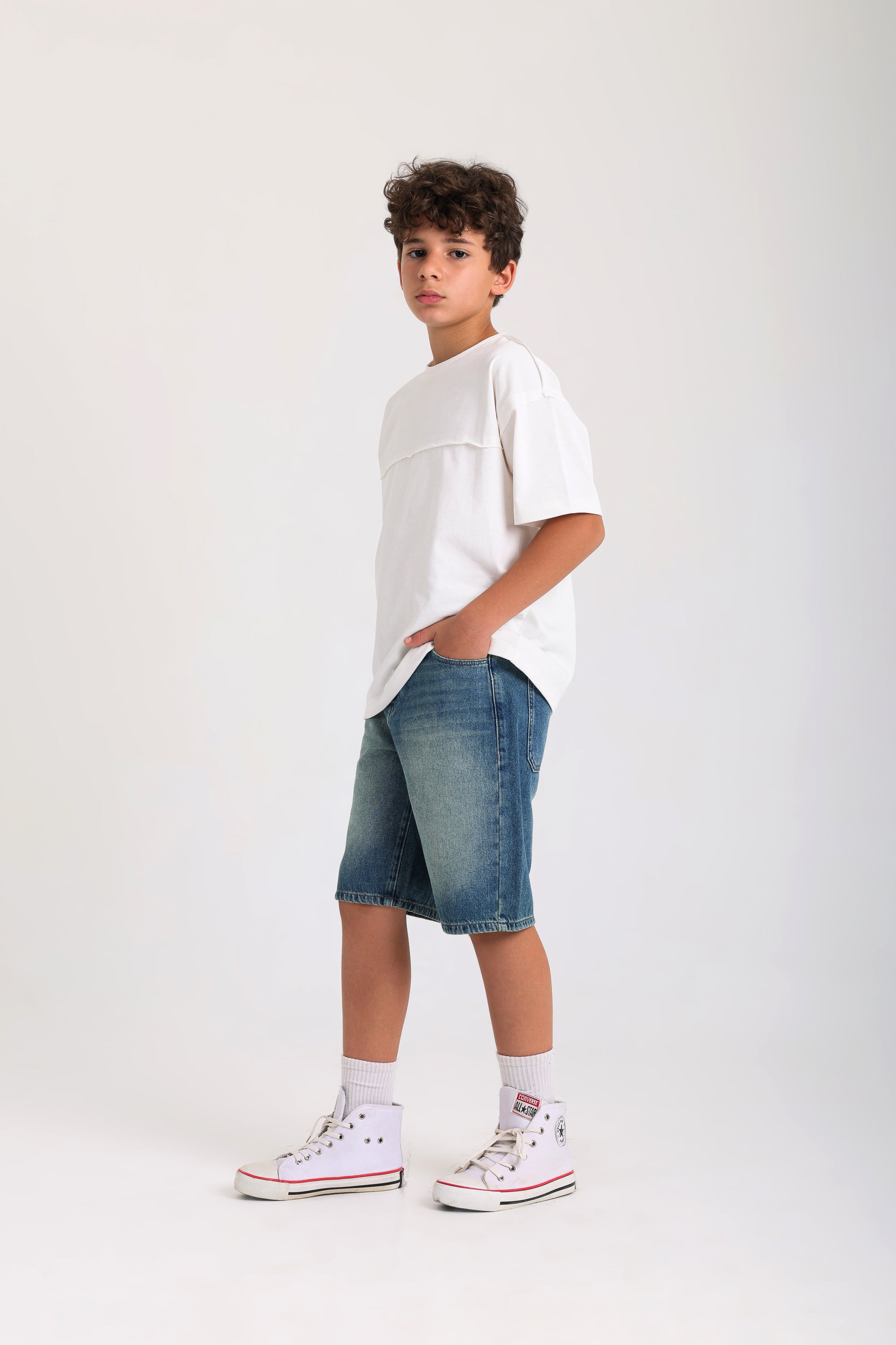Knee-length Denim Shorts -Dark Green